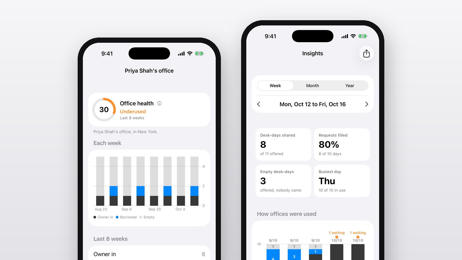 OfficeSwap's office health score and Insights on two iPhones