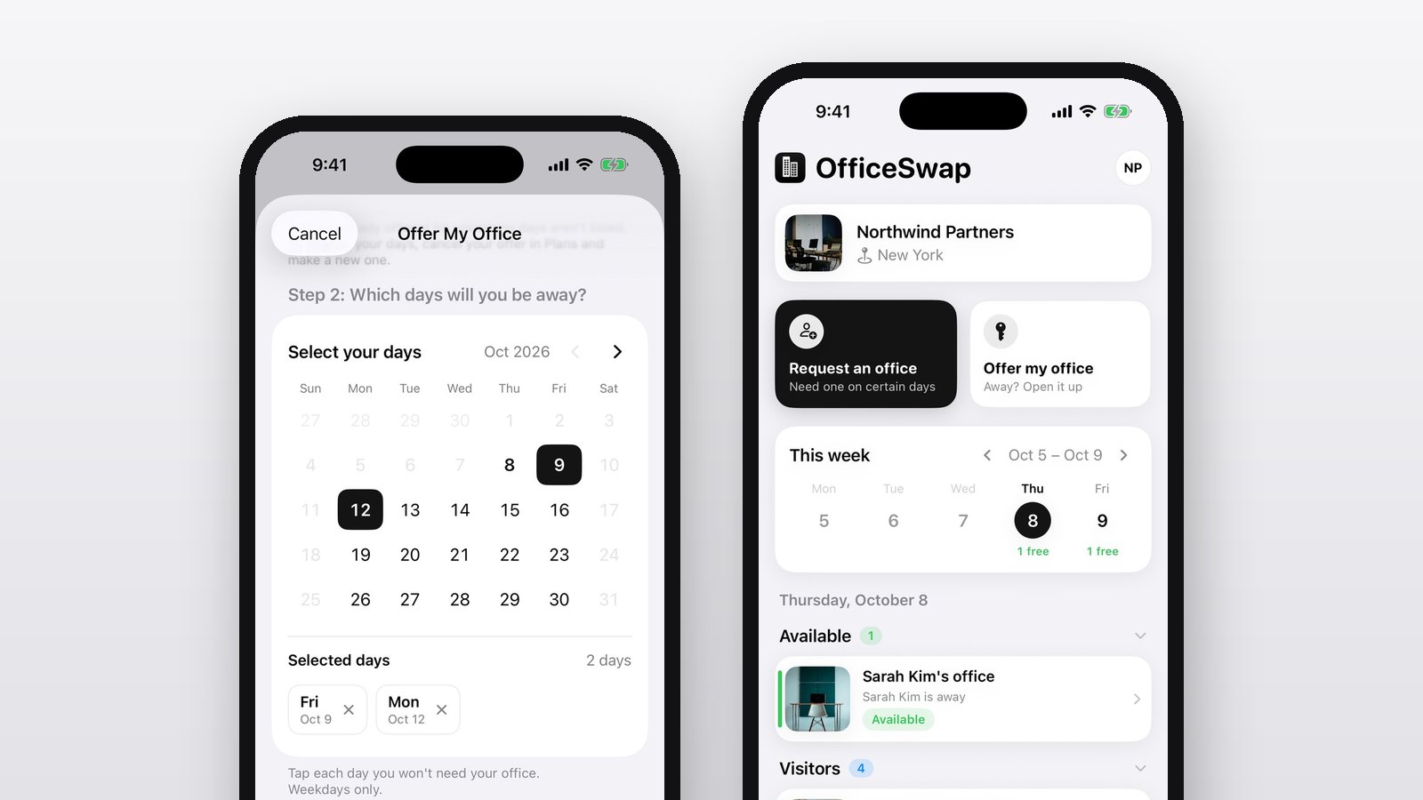 The OfficeSwap offer form and the week's board on two iPhones