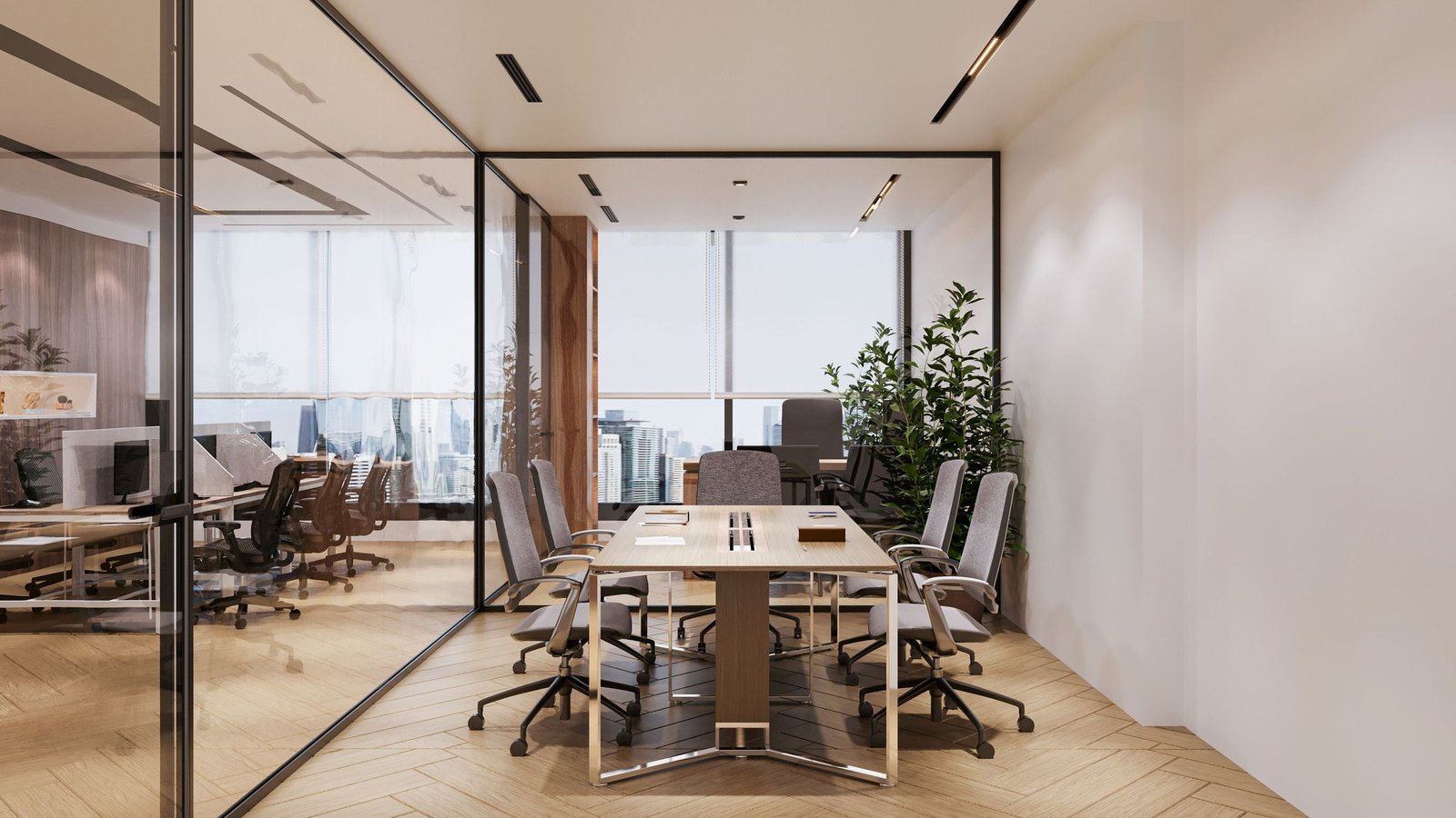 A bright private meeting office with glass walls