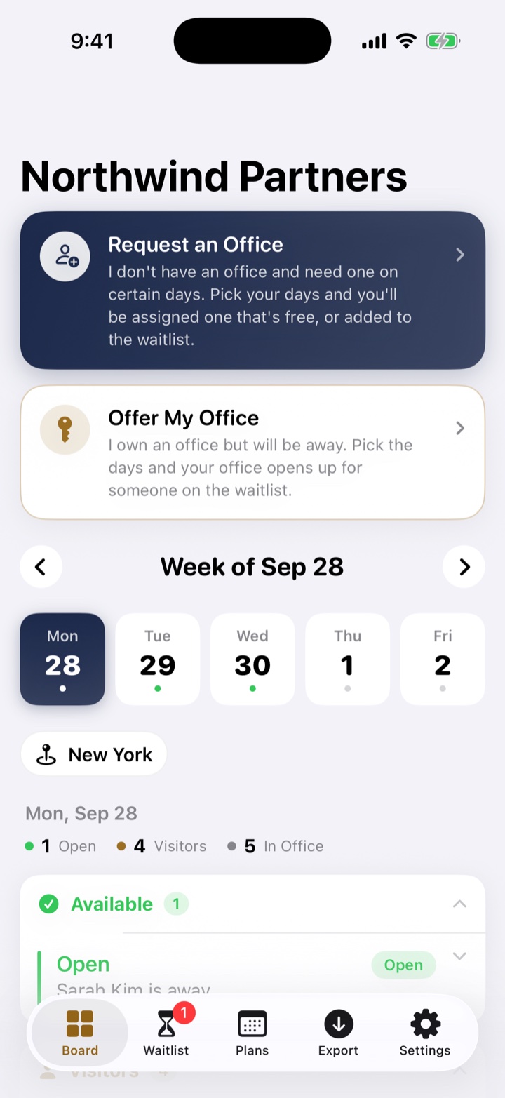 The Board tab in OfficeSwap, showing open offices and visitors for the day